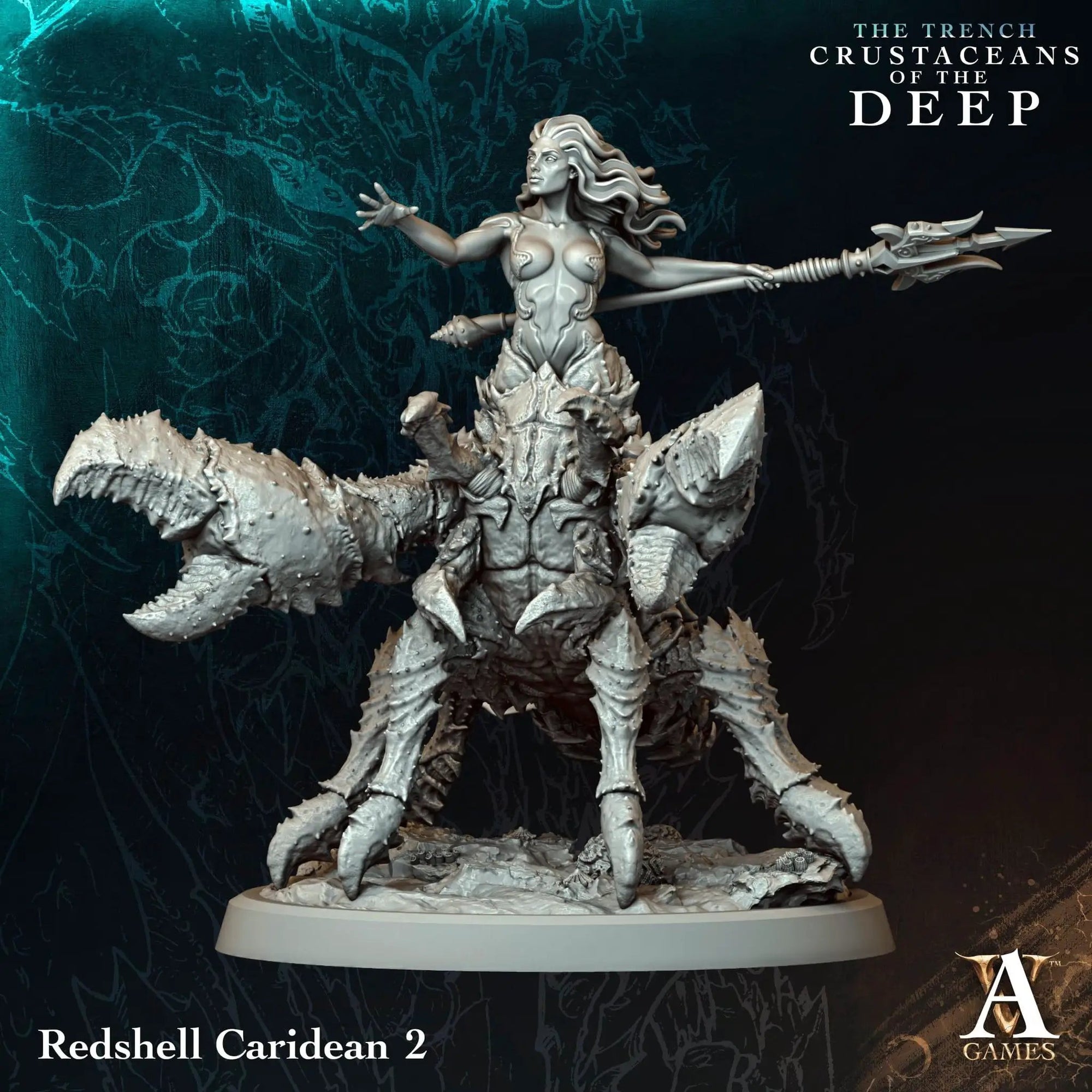 3D printed Redshell Caridean miniature by Archvillain Games, detailed red and black crustacean figure for tabletop gaming.