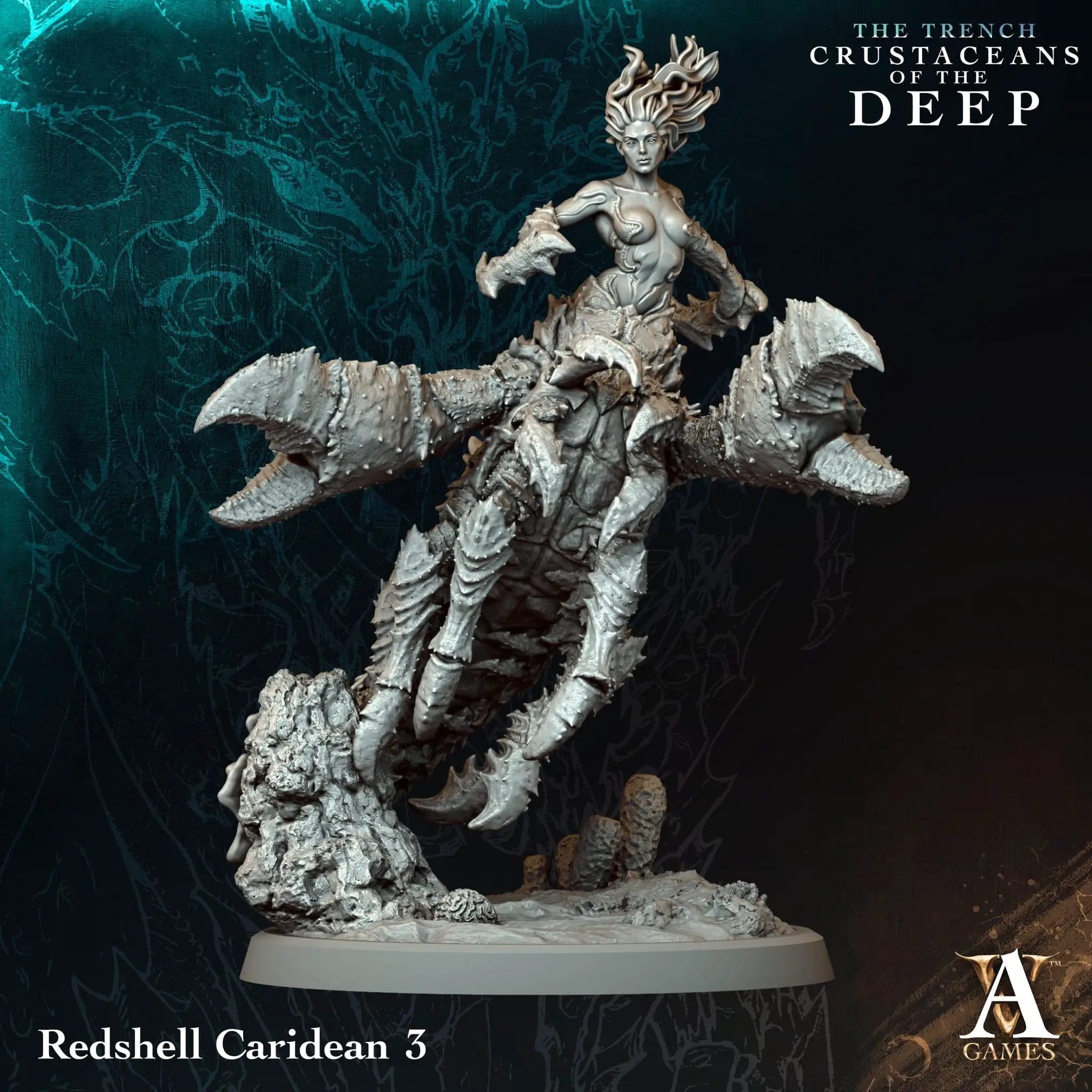 3D printed Redshell Caridean miniature by Archvillain Games, from Last Hope Miniatures, featuring detailed red shell armor and aquatic design.