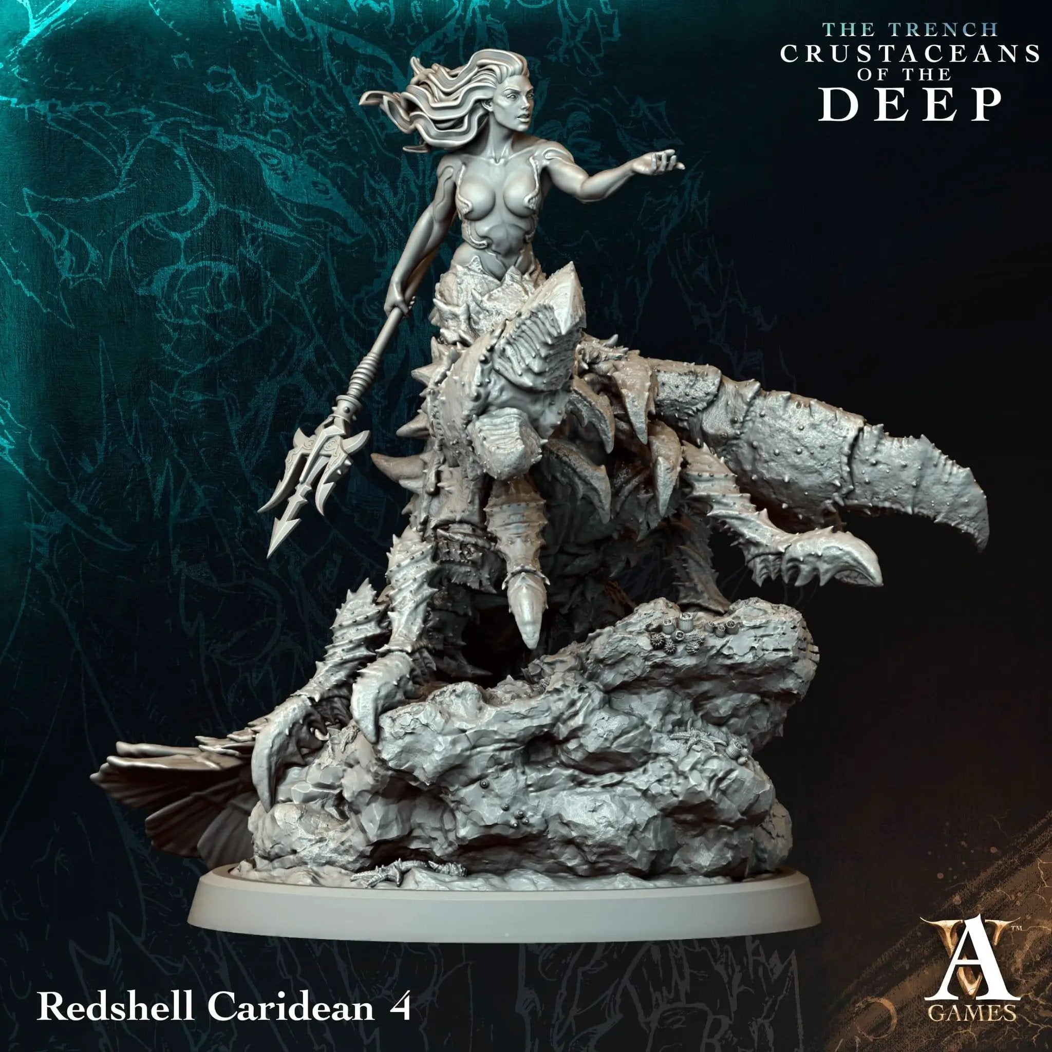 3D printed Redshell Caridean miniature by Archvillain Games for Last Hope Miniatures, detailed red shell and aquatic features.