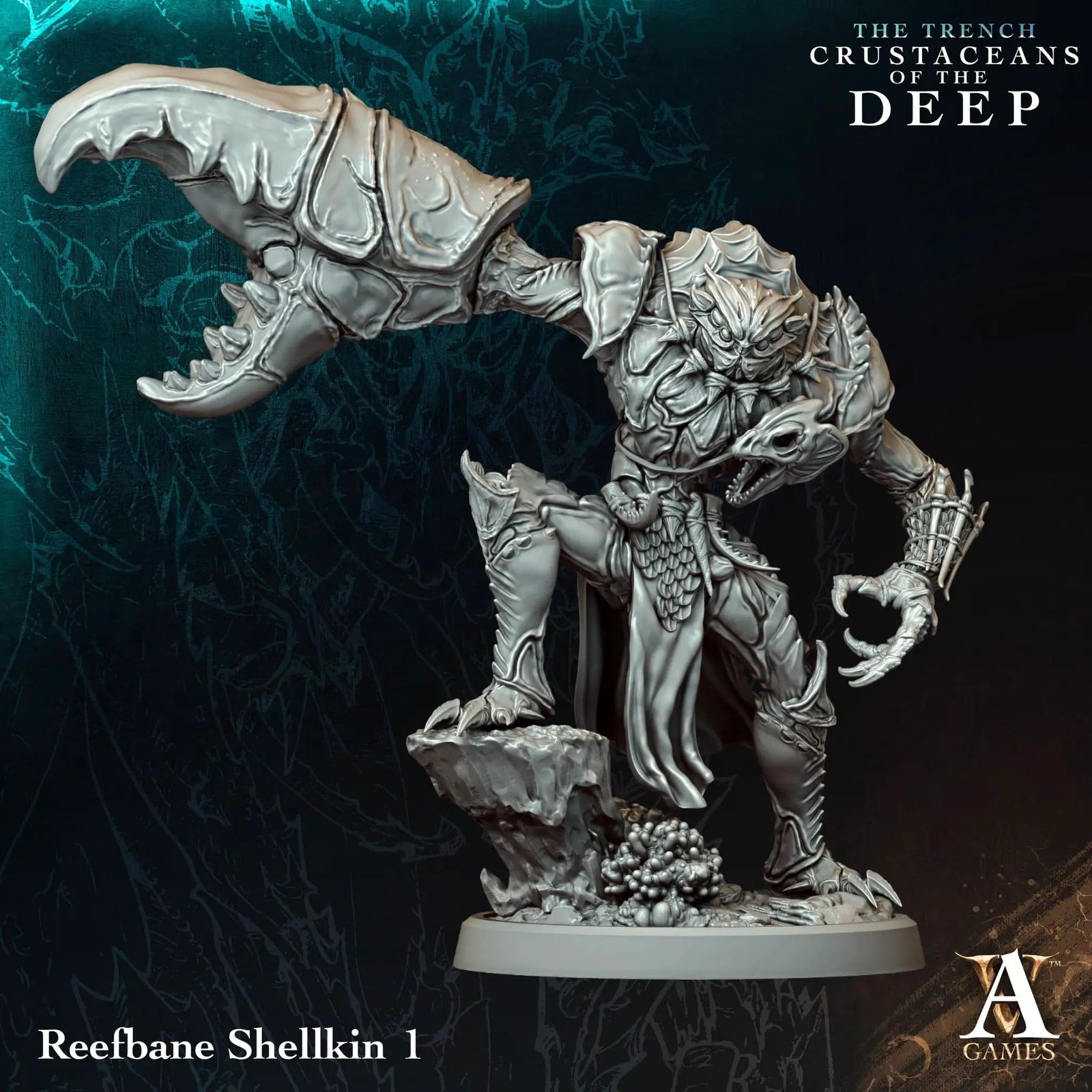 3D printed Reefbane Shellkin miniature by Archvillain Games, detailed aquatic creature from Last Hope Miniatures collection.