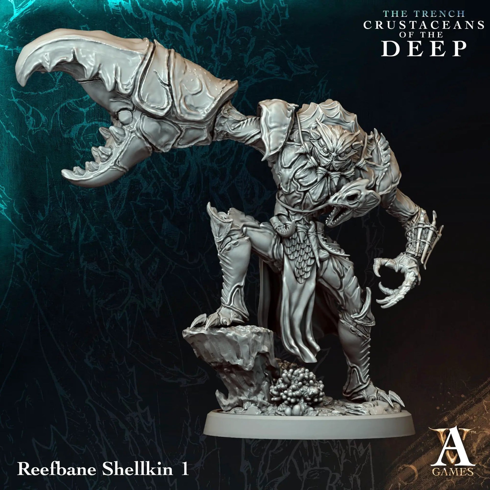 3D printed Reefbane Shellkin miniature by Archvillain Games, detailed aquatic creature from Last Hope Miniatures collection.