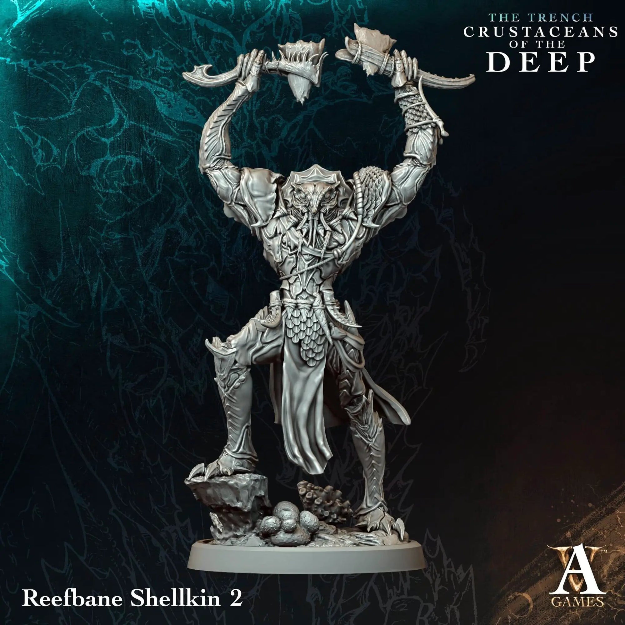 3D printed Reefbane Shellkin miniature by Archvillain Games, detailed aquatic creature from Last Hope Miniatures collection.