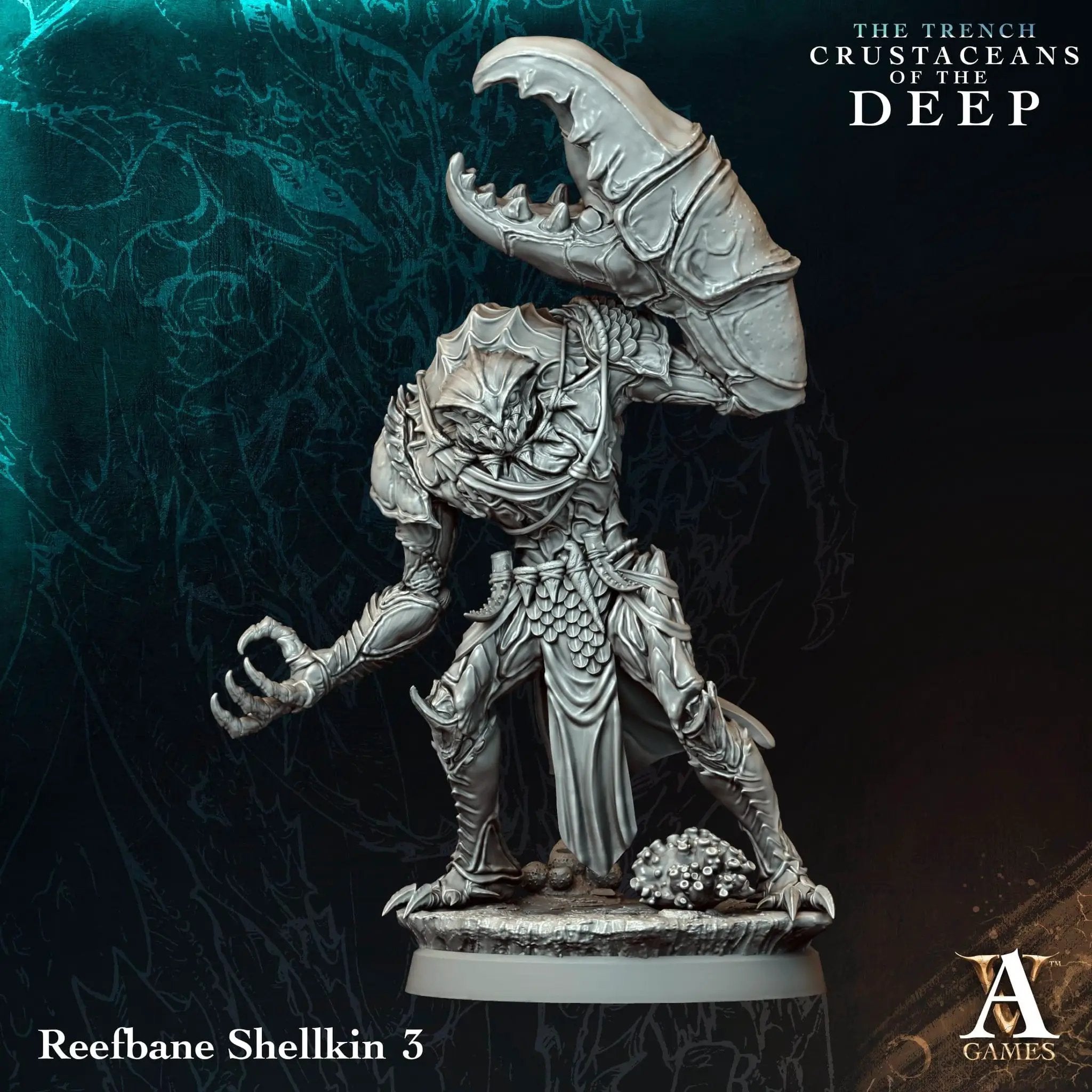 3D printed Reefbane Shellkin miniature by Archvillain Games, detailed aquatic creature from Last Hope Miniatures.