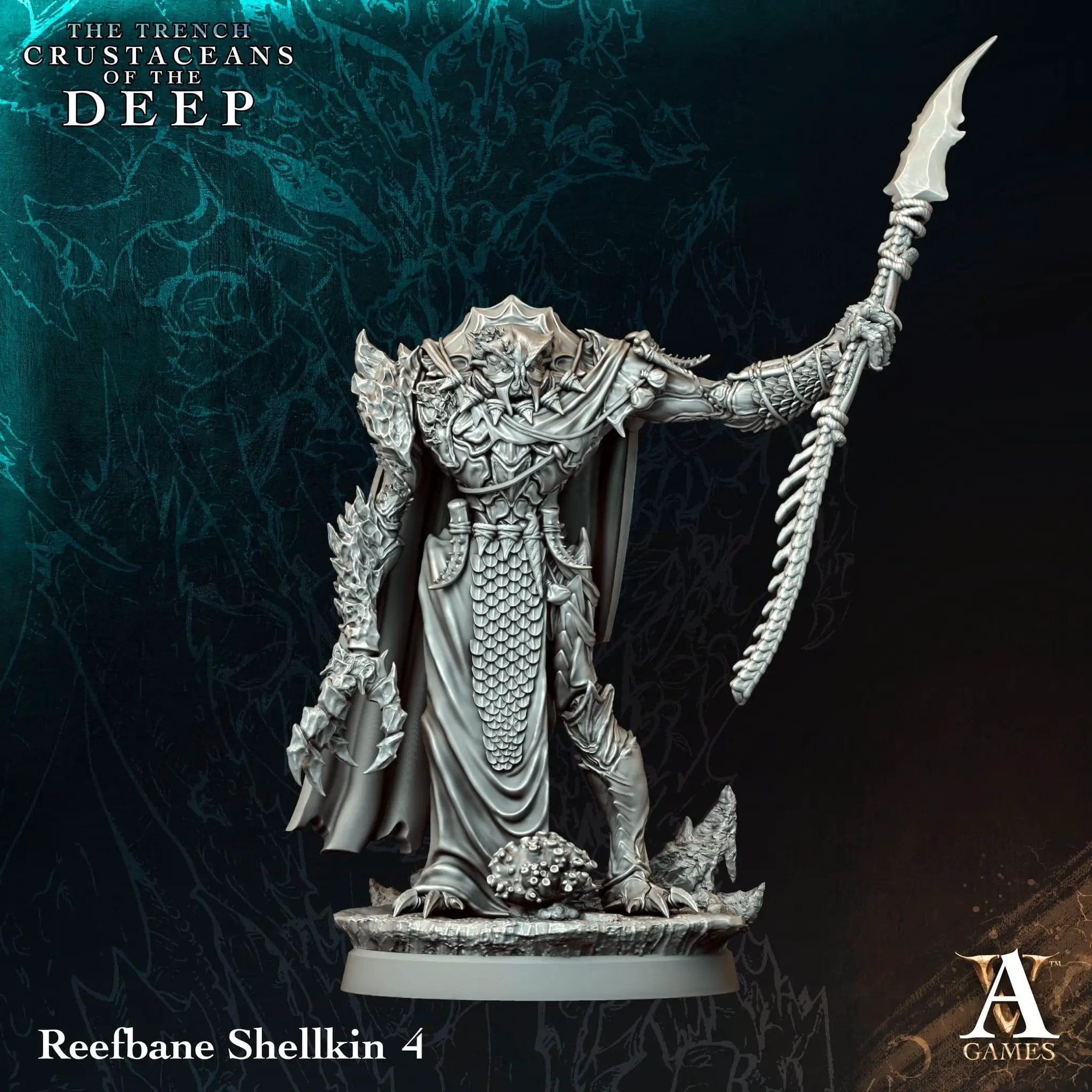 3D printed Reefbane Shellkin miniature by Archvillain Games for Last Hope Miniatures, showcasing detailed aquatic creature design.
