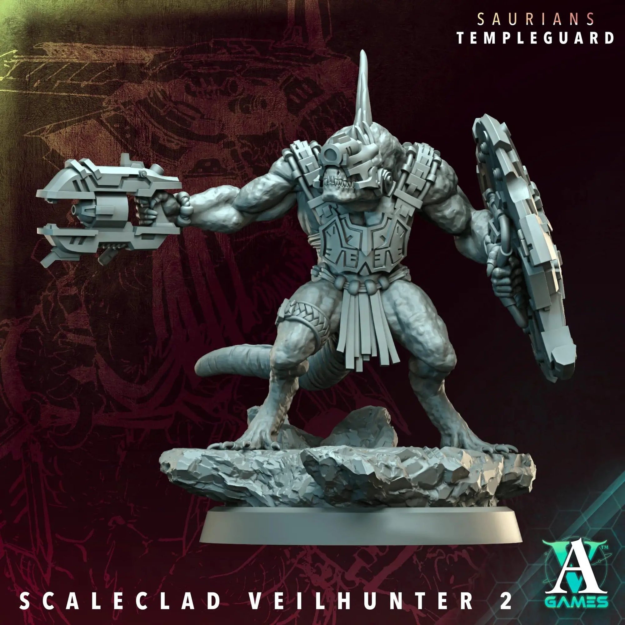 3D printed Scaleclad Veilhunters miniature by Last Hope Miniatures, part of Archvillain Games, showcasing detailed armor and weaponry.