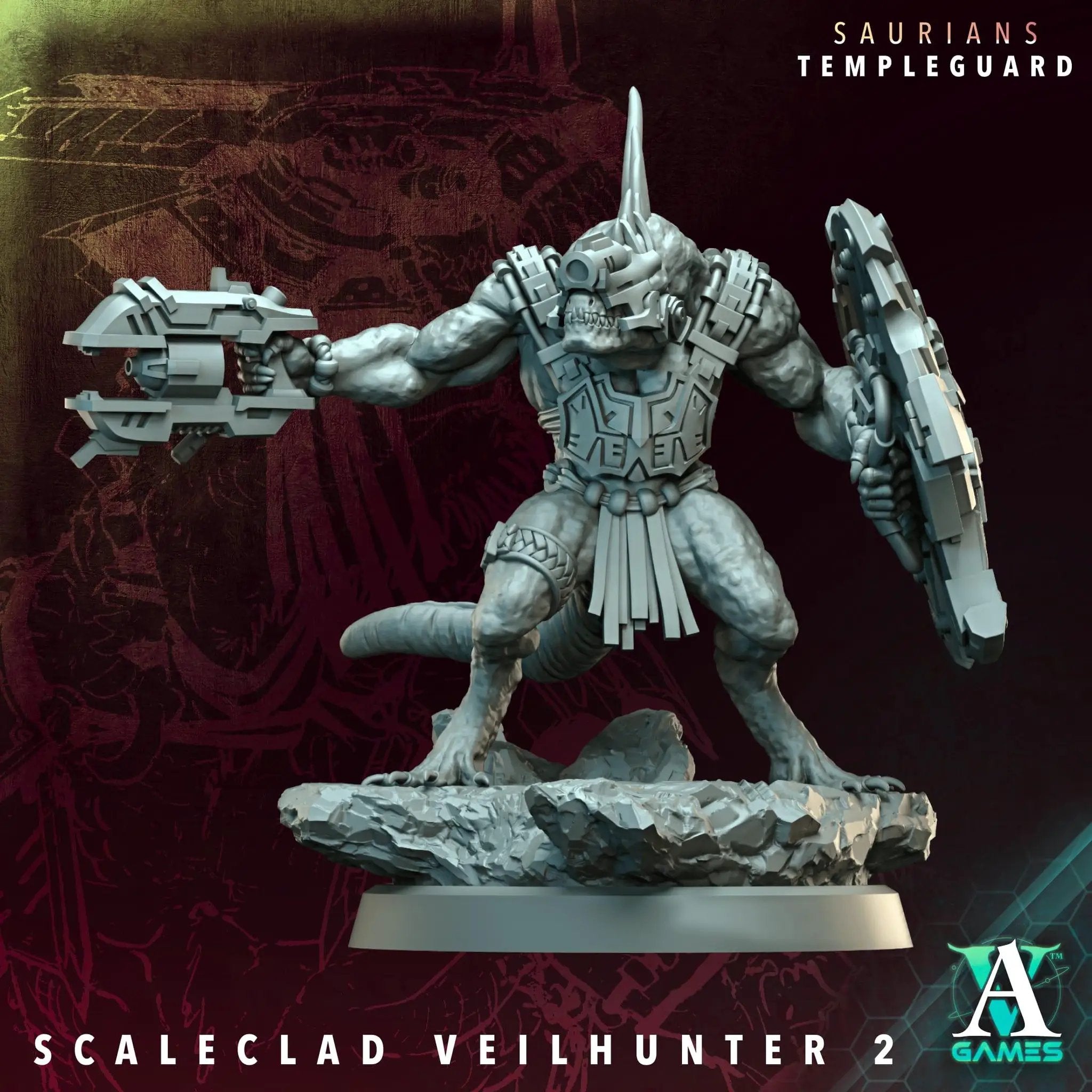3D printed Scaleclad Veilhunters miniature by Last Hope Miniatures, part of Archvillain Games, showcasing detailed armor and weaponry.