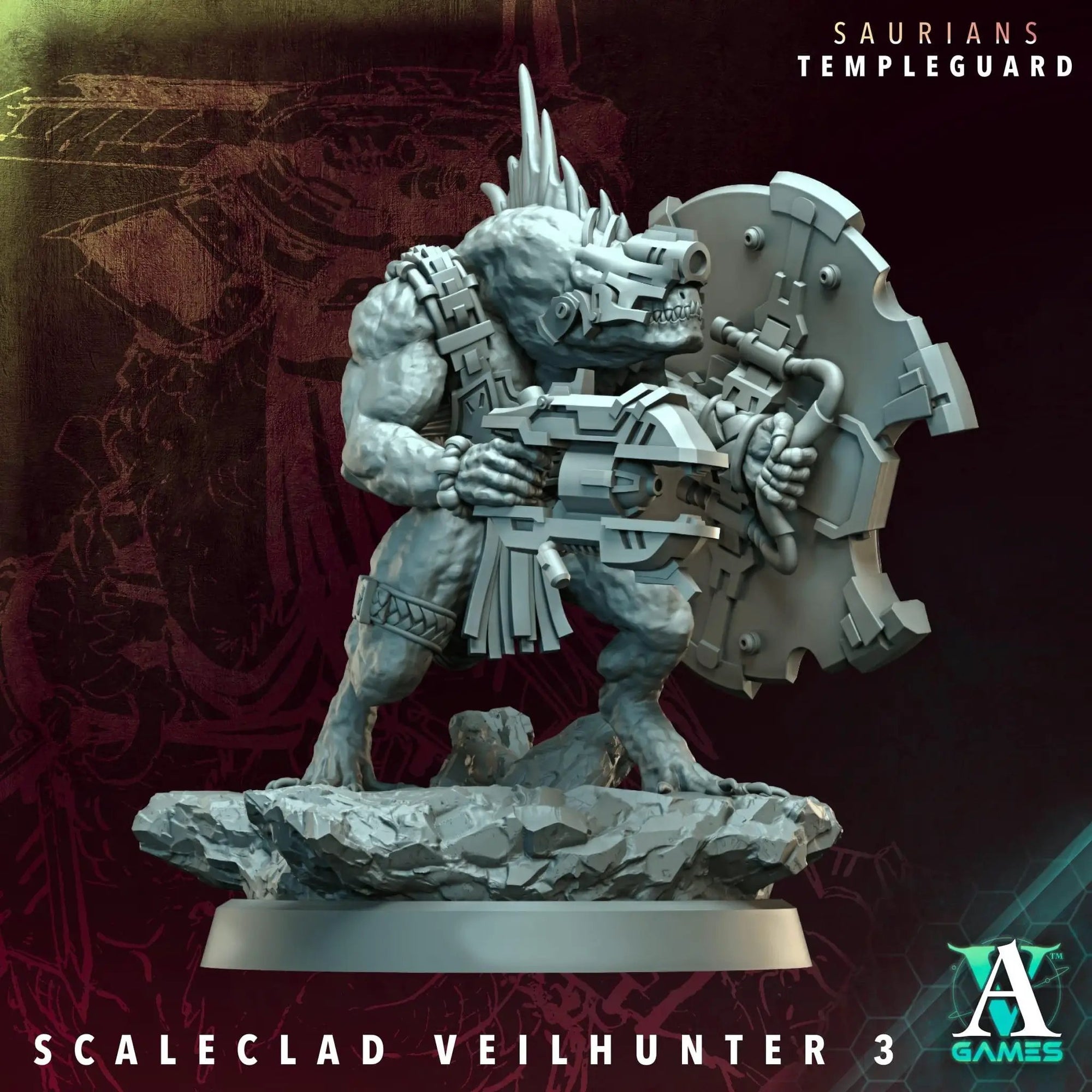 3D printed Scaleclad Veilhunters miniature by Last Hope Miniatures, featuring detailed armor and weaponry in a dynamic pose.