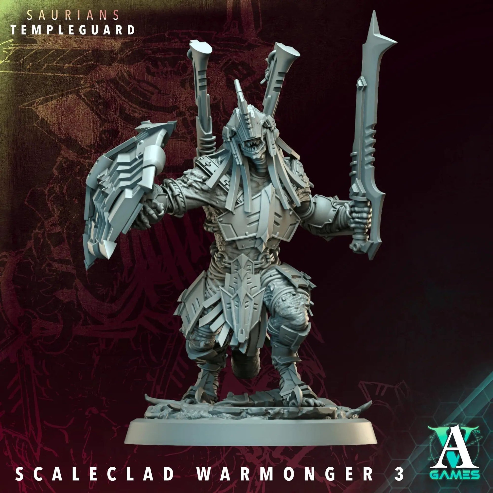 3D printed Scaleclad Warmongers miniature by Archvillain Games, crafted by Last Hope Miniatures, showing armored warrior figures.