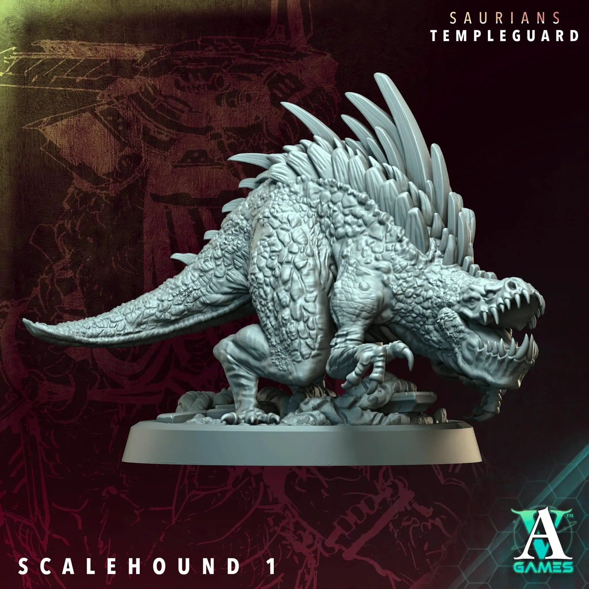 3D printed Scalehound miniature by Archvillain Games, designed by Last Hope Miniatures, detailed sci-fi creature on a base.