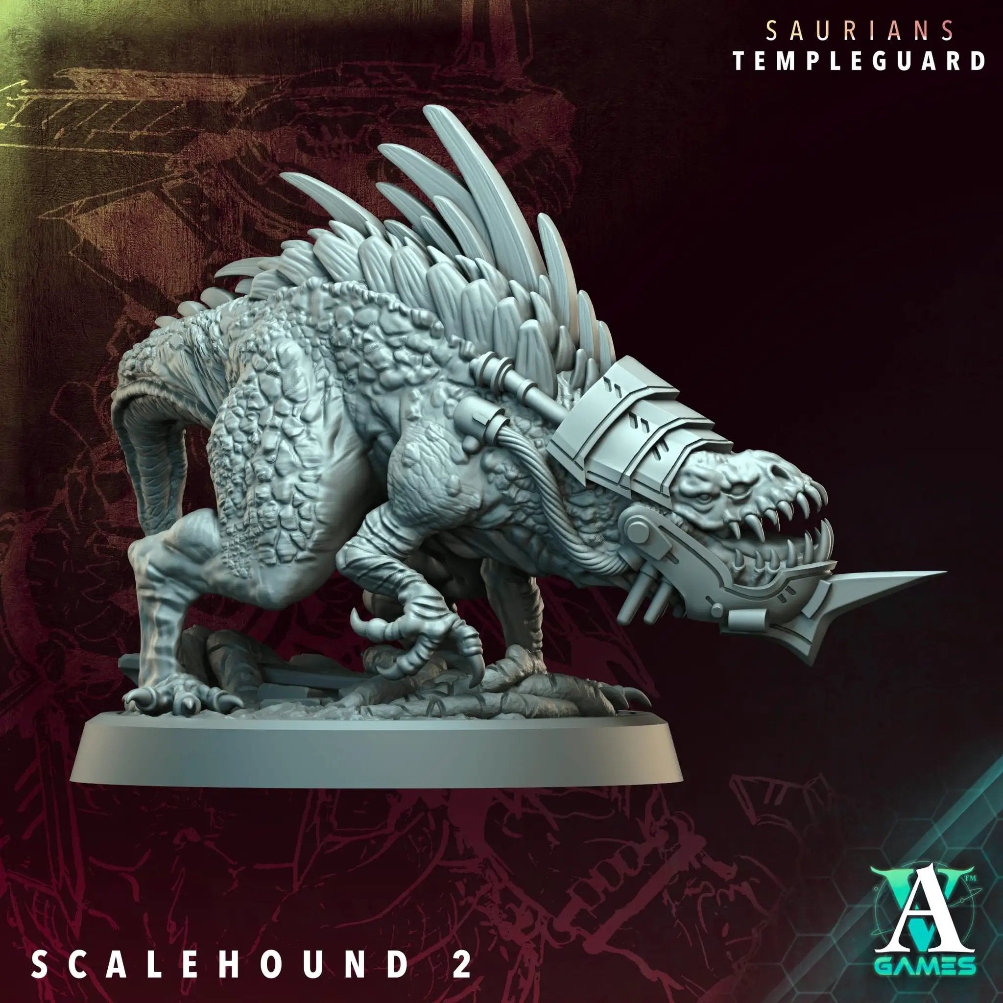 3D printed Scalehound miniature by Archvillain Games, designed by Last Hope Miniatures, showcasing detailed sculpting and intricate features.