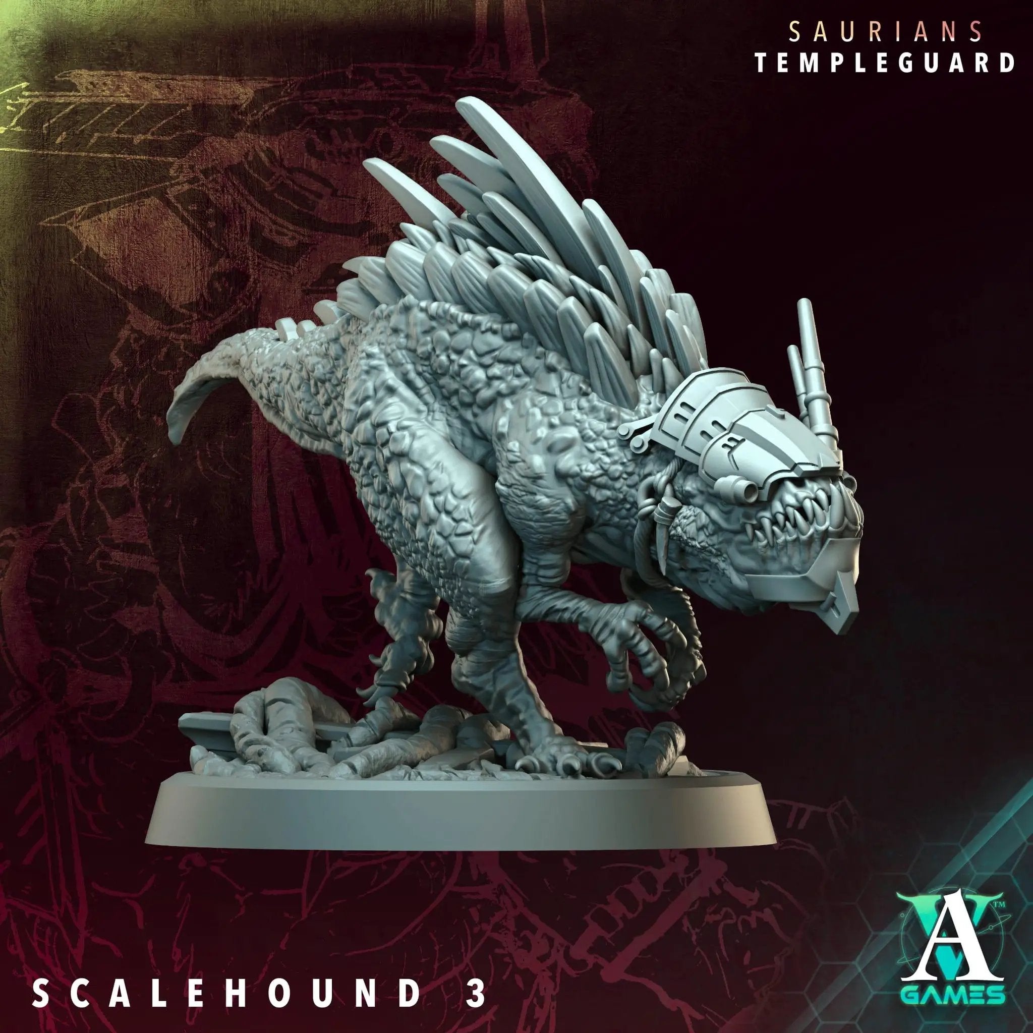 3D printed Scalehound miniatures by Archvillain Games, designed by Last Hope Miniatures, featuring detailed scale model with intricate textures.