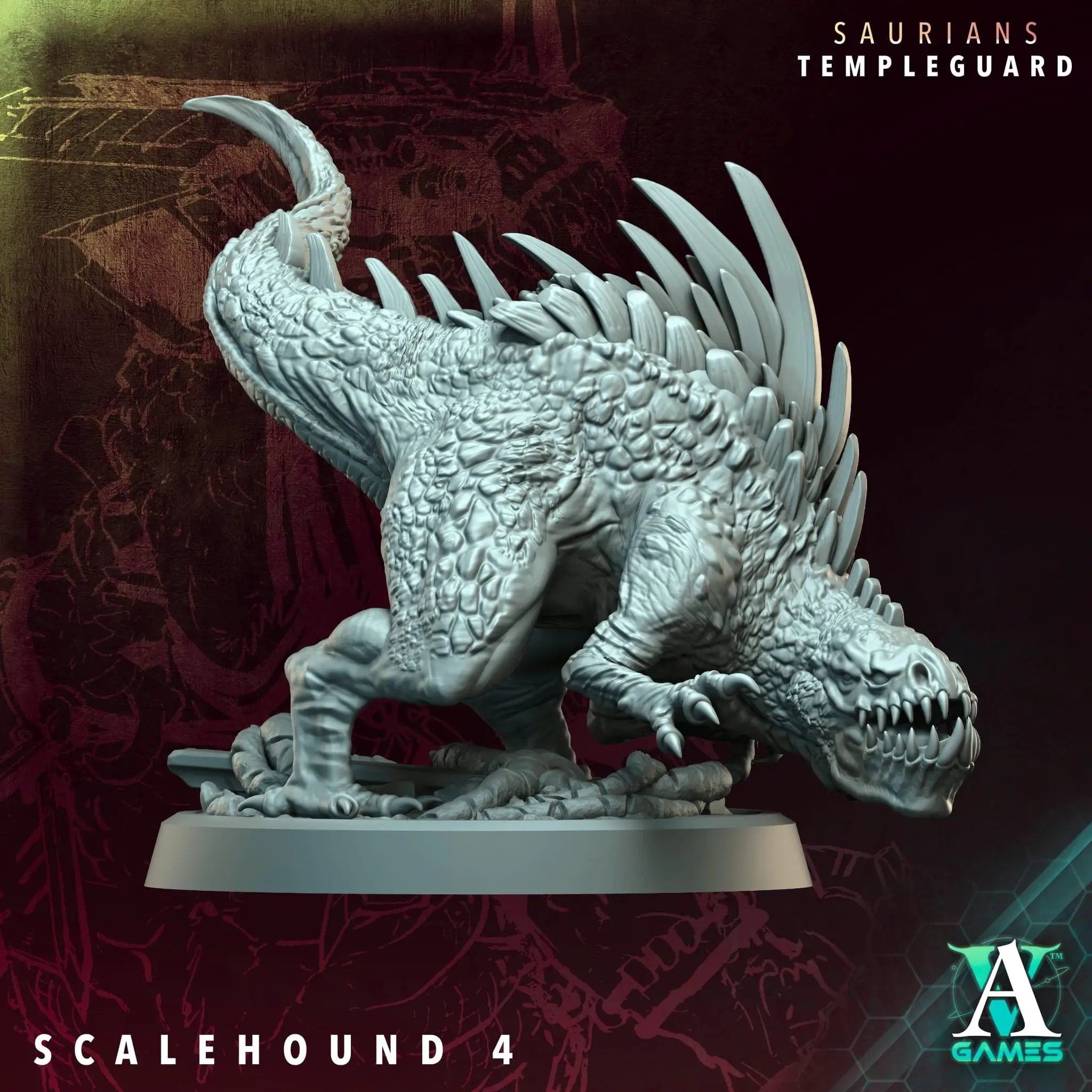 3D printed Scalehound miniature by Archvillain Games, designed by Last Hope Miniatures, featuring detailed sculpture and intricate textures.