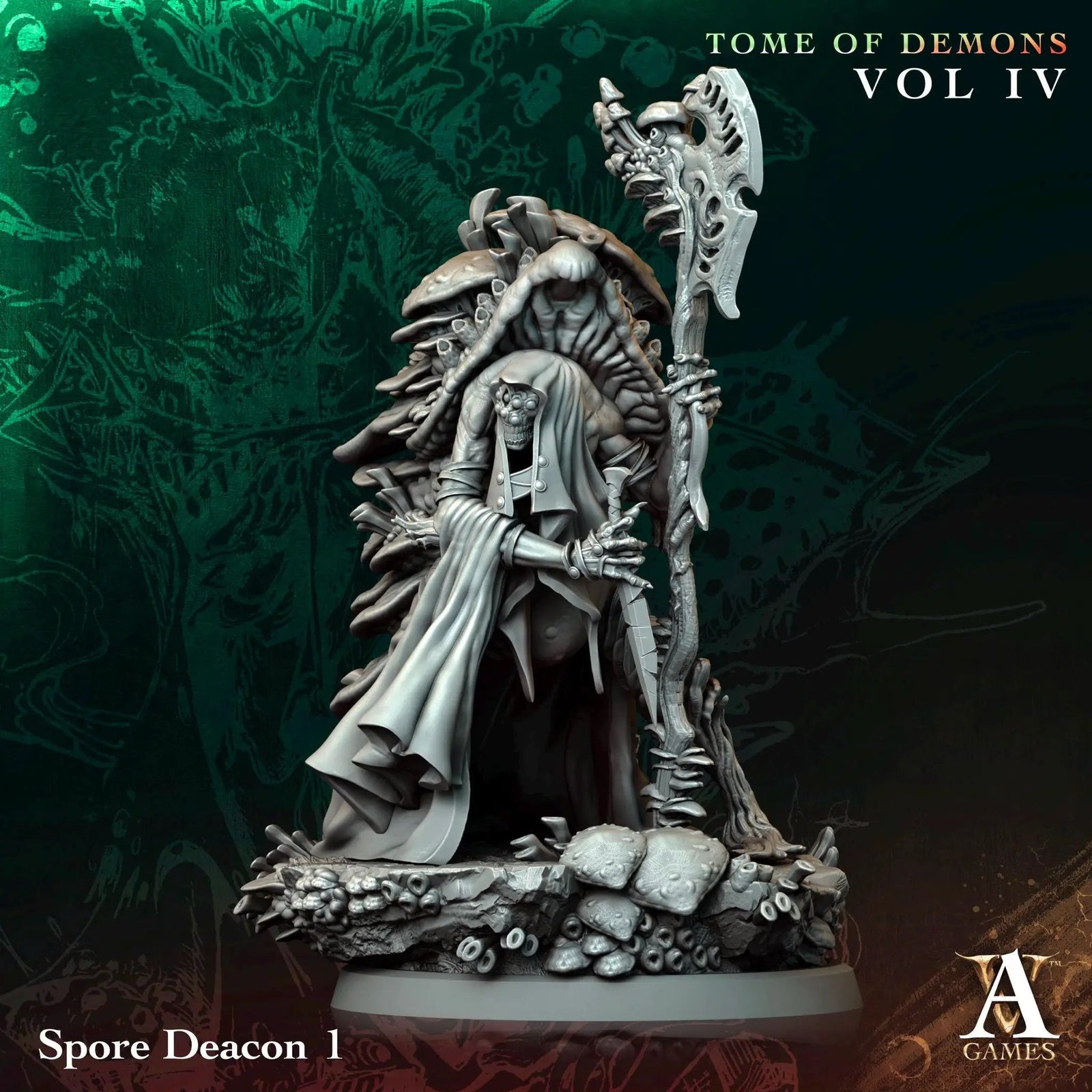 3D printed Spore Deacons miniature by Last Hope Miniatures for Archvillain Games, showing detailed alien creature with vibrant colors.