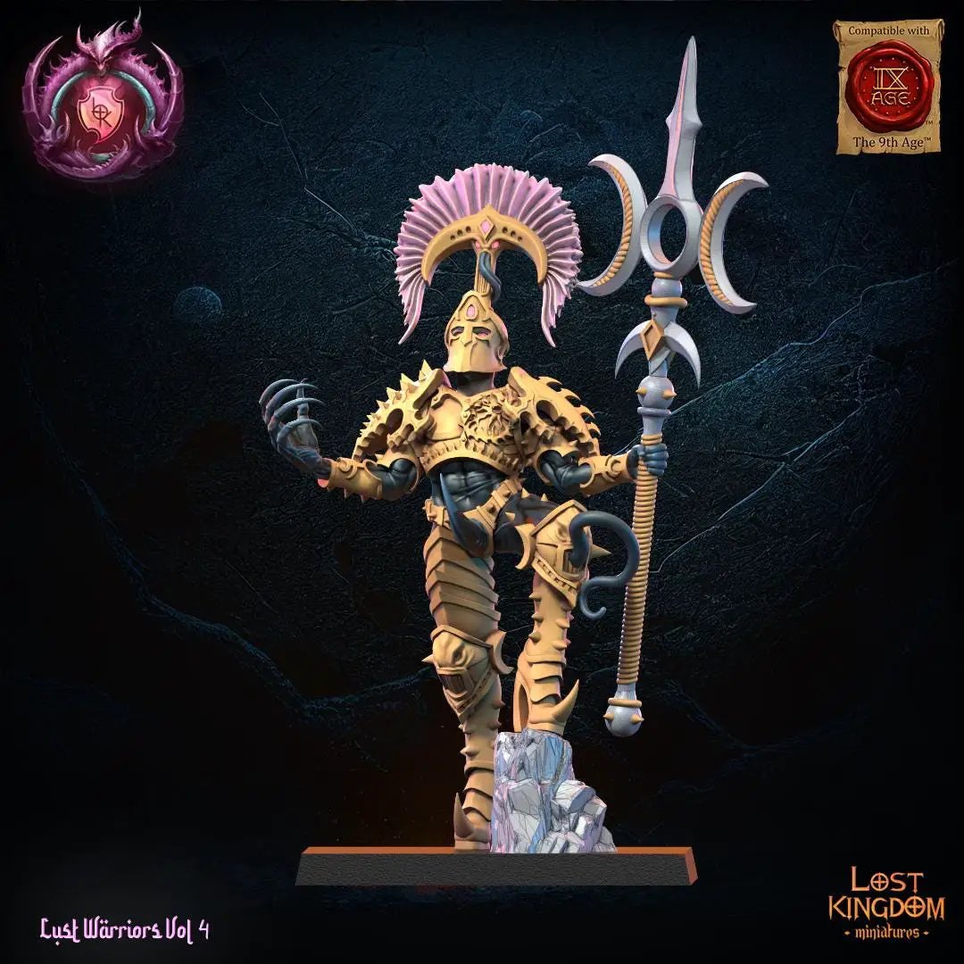 3D printed Lust Chosen Lord Aurenis by Lost Kingdom Miniatures, detailed miniature figure with intricate armor and weaponry.