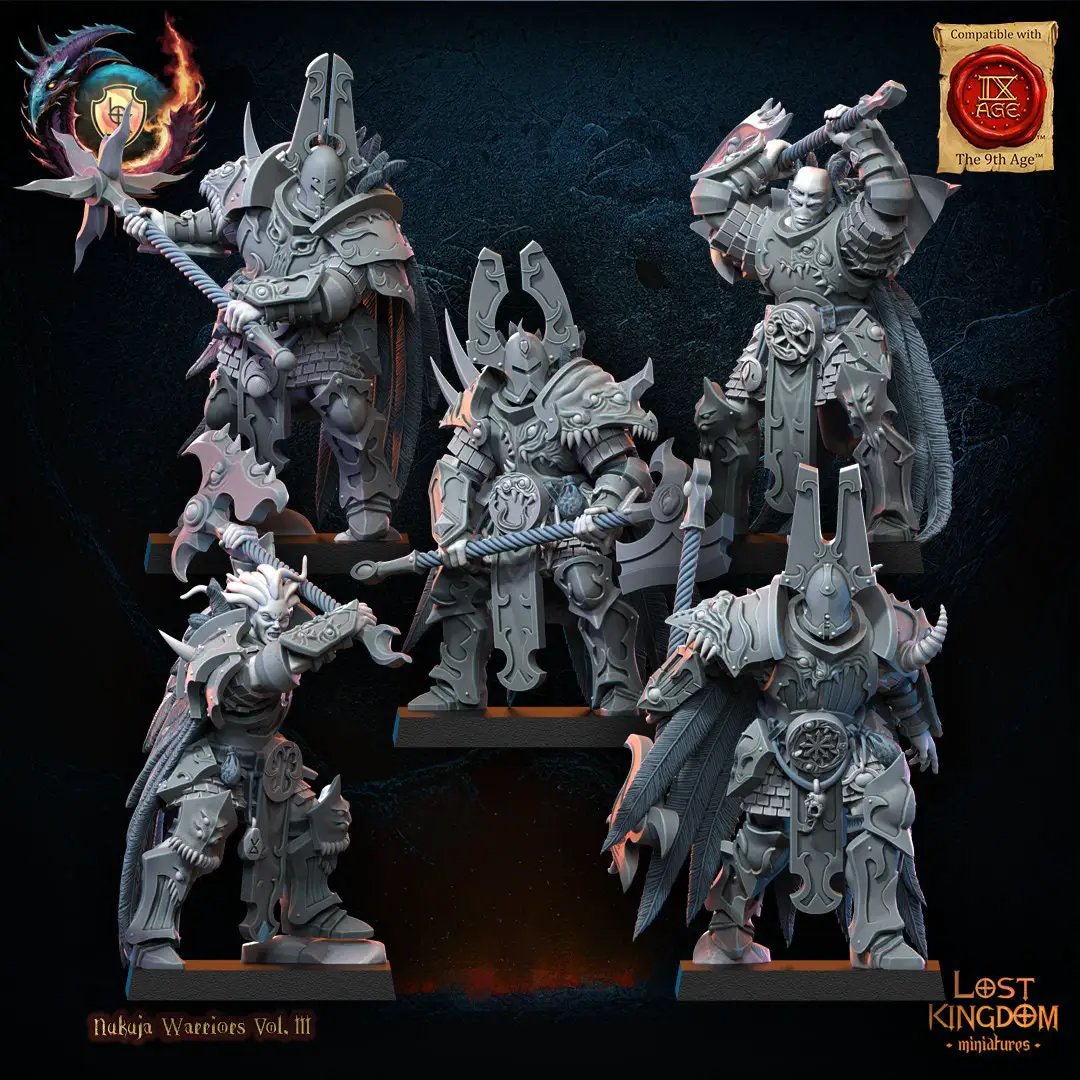 Ten 3D printed Chaos Berserkers miniatures by Lost Kingdom Miniatures, featuring detailed chaos warrior figures in dynamic poses.