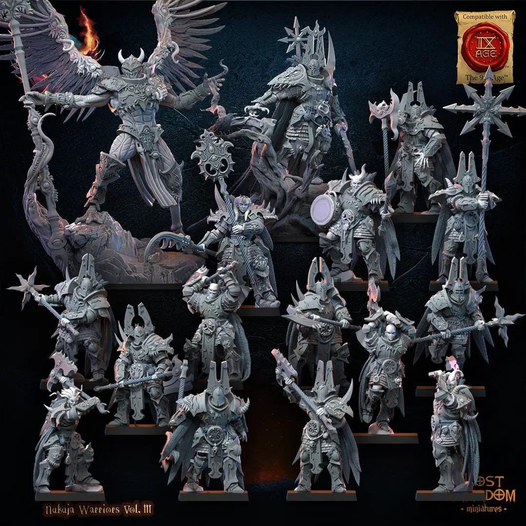 Group of ten 3D printed Chaos Berserkers miniatures by Lost Kingdom Miniatures, featuring detailed, aggressive warrior figures.
