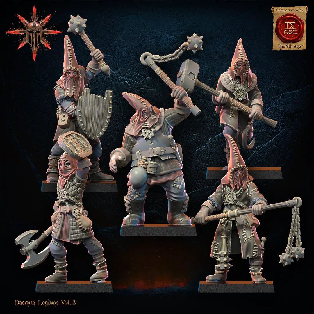 Set of 10 3D printed Chaos Cultists miniatures by Lost Kingdom Miniatures, featuring detailed chaos-themed figures for tabletop gaming.