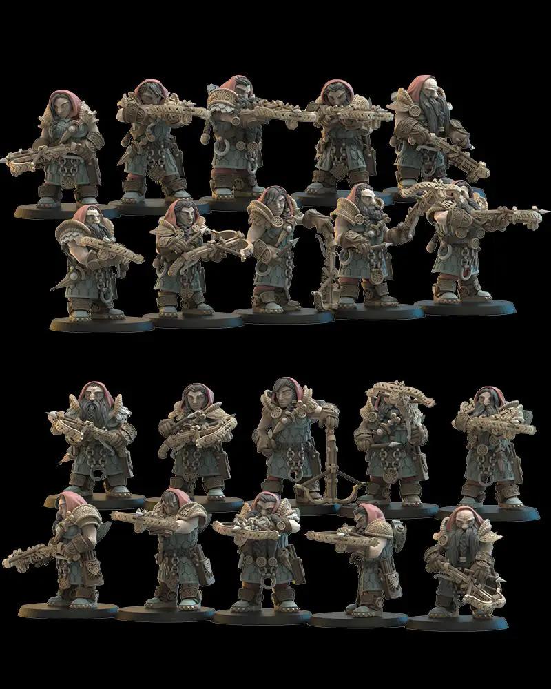 3D printed dwarf armbrost guards figurine by Last Hope Miniatures for Lost Kingdom Miniatures, detailed sculpt with armor and weapons.
