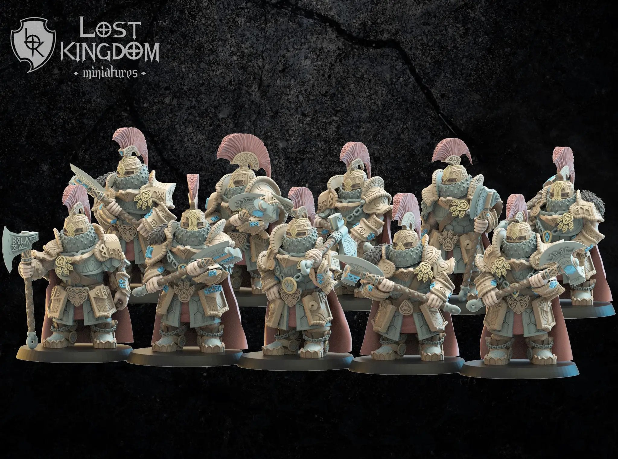 3D printed Dwarf Magyabor Guard miniature by Lost Kingdom Miniatures, showing detailed dwarf warrior with armor and weapon.