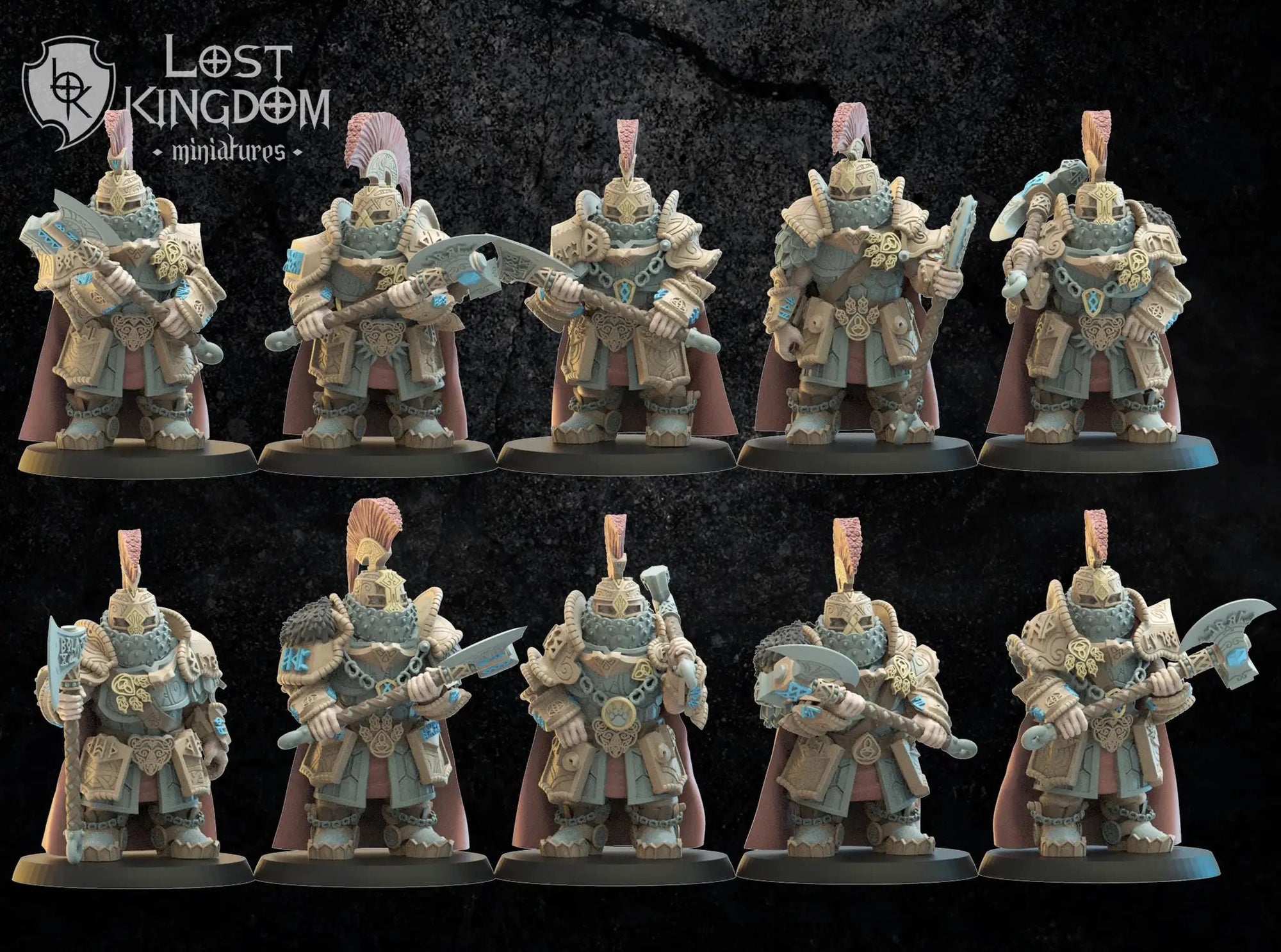 3D printed Dwarf Magyabor Guard miniature by Lost Kingdom Miniatures, shown in detailed close-up with armor and weapon accessories.