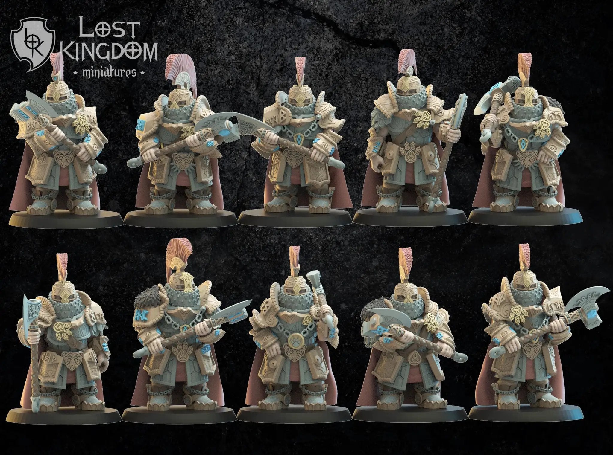 3D printed Dwarf Magyabor Guard miniature by Lost Kingdom Miniatures, shown in detailed close-up with armor and weapon accessories.