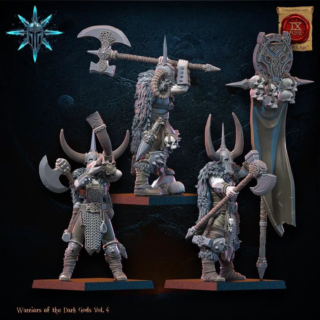 3D printed Heavy Weapon Chaos Barbarian Command Group by Lost Kingdom Miniatures, featuring detailed chaos warrior figures with heavy weaponry.