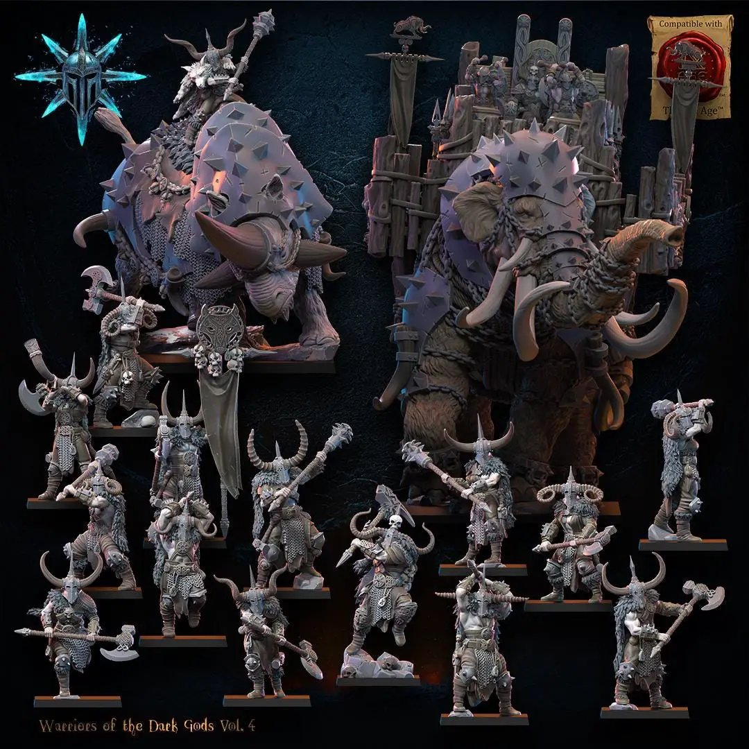 3D printed Chaos Barbarian command group miniatures by Last Hope Miniatures, featuring heavy weapons and detailed chaos warrior designs.