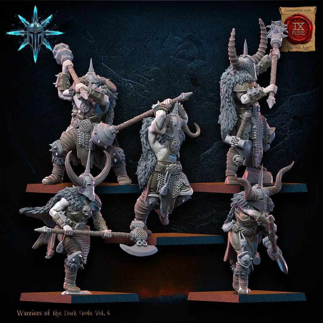 10 3D printed Heavy Weapon Chaos Barbarian Regiment miniatures by Lost Kingdom Miniatures, detailed chaos warrior figures in aggressive poses