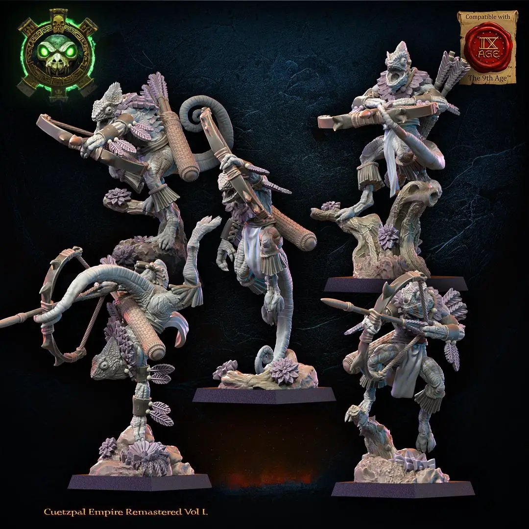 10 3D printed Lizard Kin Archer Regiment miniatures by Lost Kingdom Miniatures, detailed reptilian soldiers in combat poses.