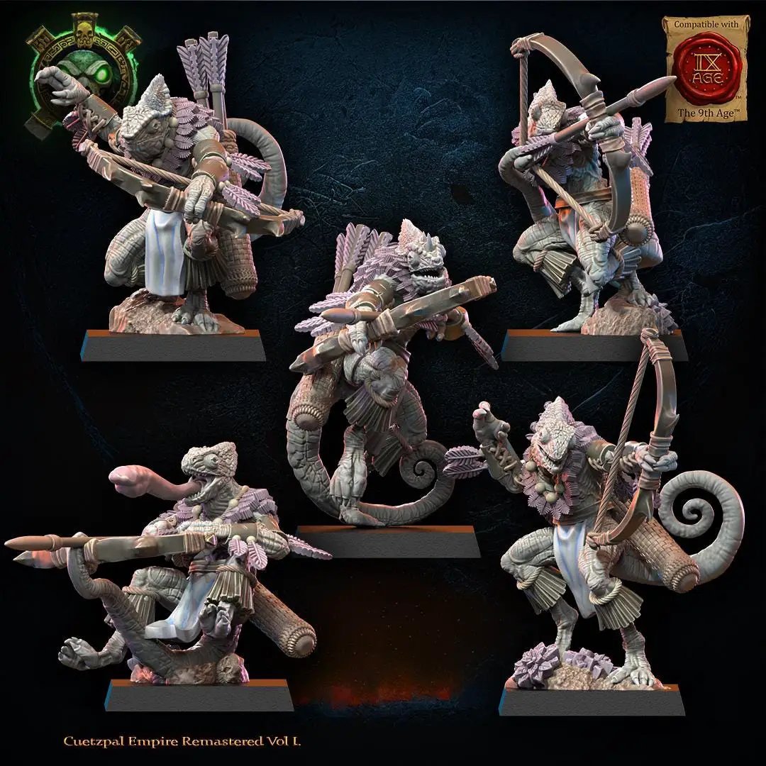 Set of 10 3D printed Lizard Kin Archer Regiment miniatures by Lost Kingdom Miniatures, detailed lizard figures for tabletop gaming.