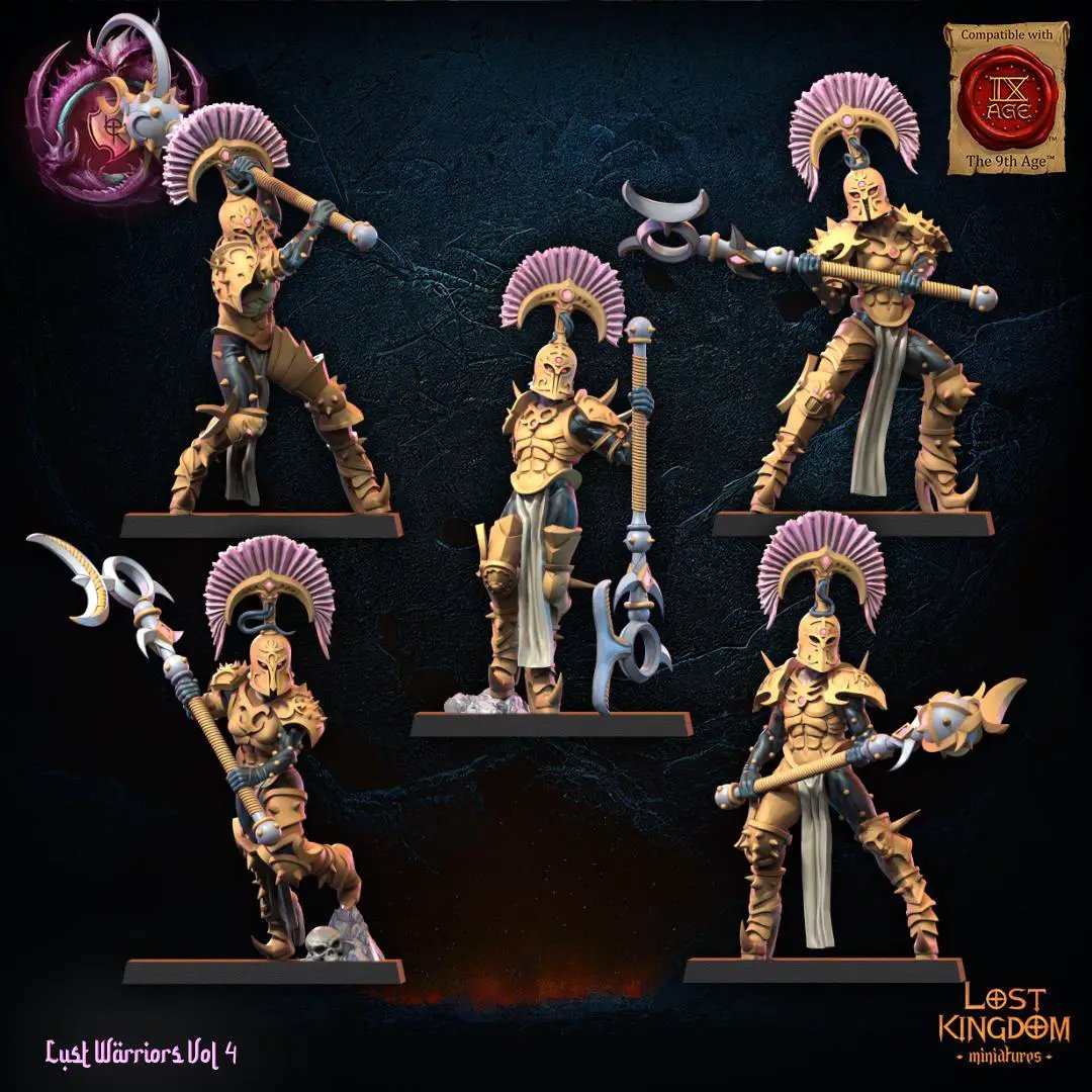 3D printed Lust Chosen Regiment miniatures by Lost Kingdom Miniatures, detailed 28mm fantasy figures on display.