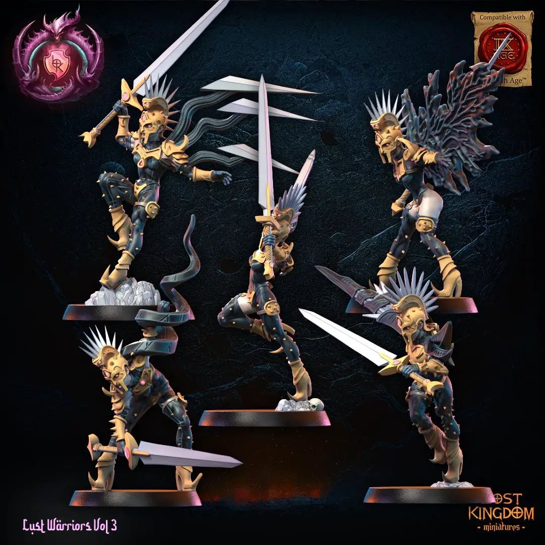 3D printed Lust Fallen Regiment miniature by Lost Kingdom Miniatures, showing detailed fantasy warrior figures on a display base.