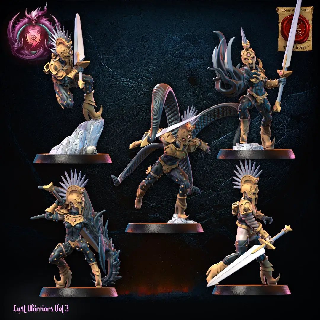 3D printed Lust Fallen Regiment miniature by Lost Kingdom Miniatures, featuring detailed fantasy warrior figures on a textured base.
