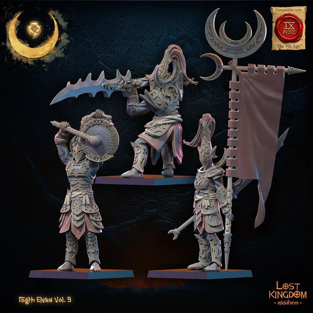 3D printed Night Elf Command Group miniature set by Last Hope Miniatures, featuring detailed elf figures with weapons and armor.
