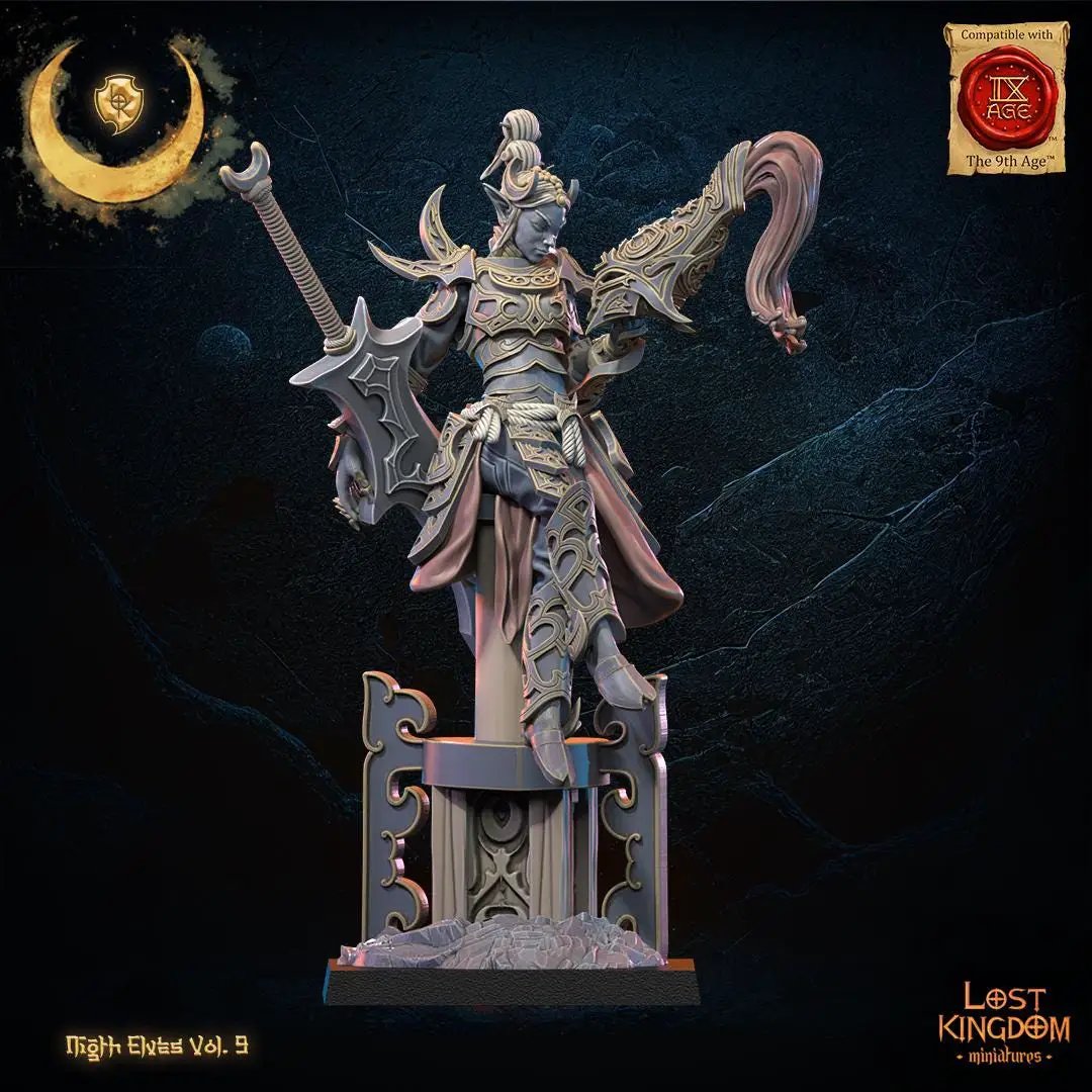 3D printed Night Elf Heroine Yu Ming miniature by Lost Kingdom Miniatures, detailed model with elven armor and weaponry.