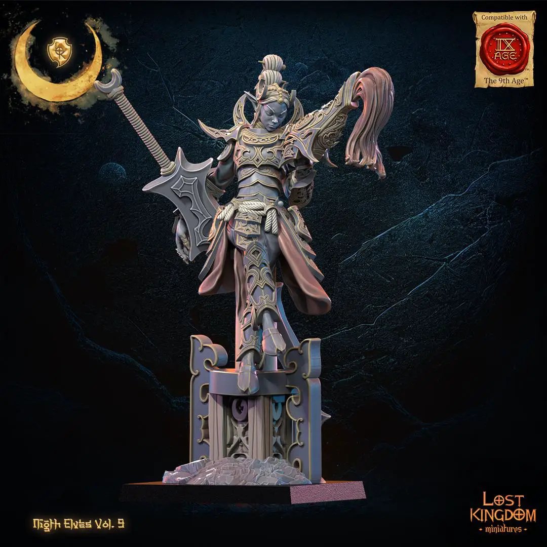 3D printed Night Elf Heroine Yu Ming miniature by Lost Kingdom Miniatures, featuring intricate elf armor and detailed fantasy design.