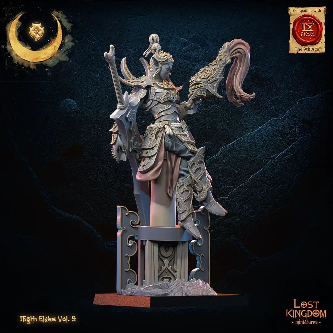 3D printed Night Elf Heroine Yu Ming miniature by Lost Kingdom Miniatures, detailed fantasy figure with forest-themed armor and weapon.
