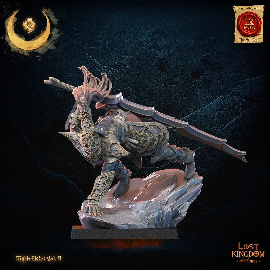 3D printed Night Elf Ninja Hero miniature by Last Hope Miniatures, detailed elf warrior with ninja attire, ready for tabletop gaming.