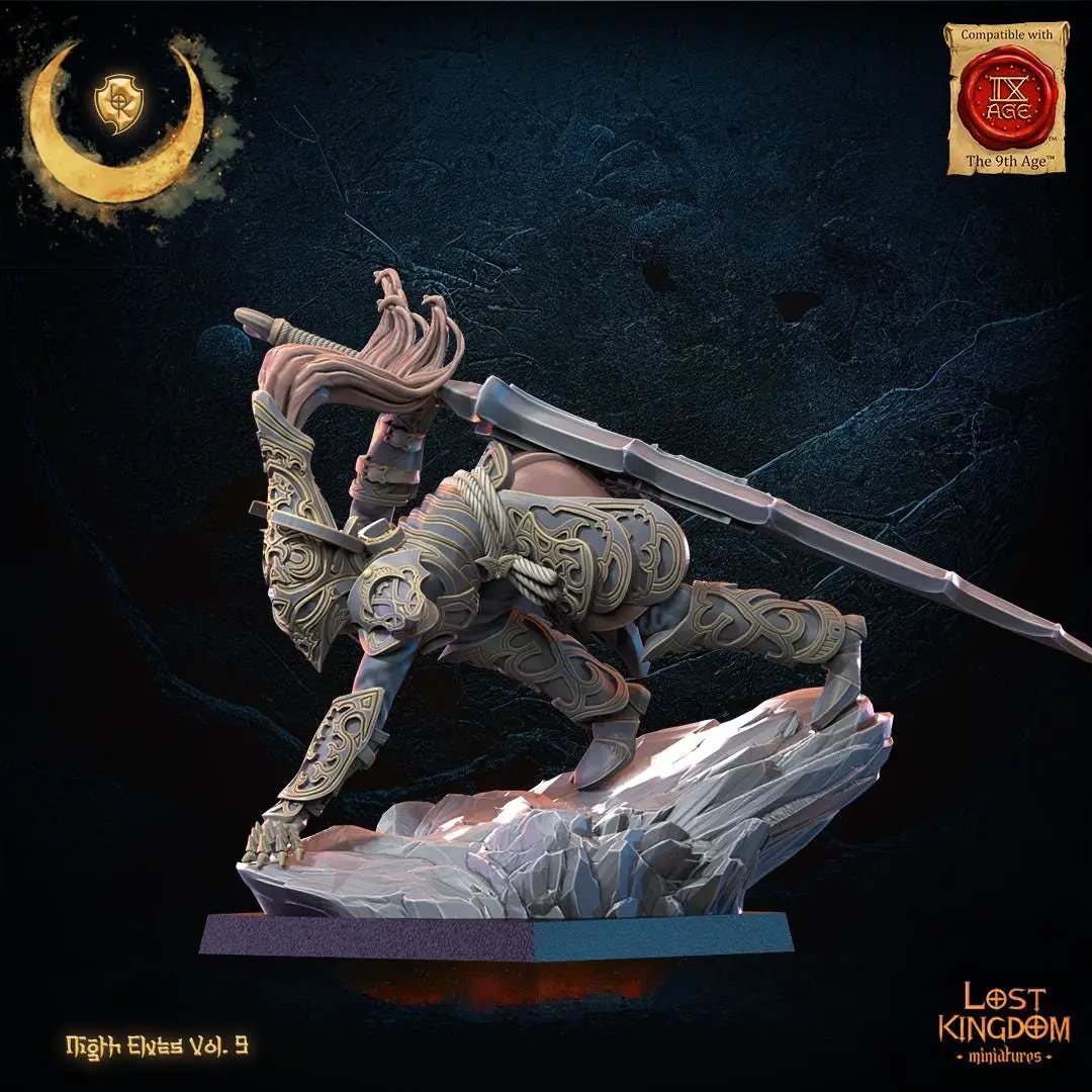 3D printed Night Elf Ninja Hero miniature by Lost Kingdom Miniatures, detailed fantasy figure with ninja attire and elf features.