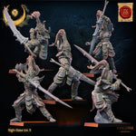 Three 3D printed Night Elf Warrior Regiment miniatures by Last Hope Miniatures, featuring detailed elf figures in armor.