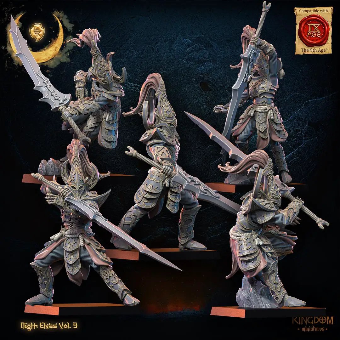 Three 3D printed Night Elf Warrior Regiment miniatures by Last Hope Miniatures, featuring detailed elf figures in armor.