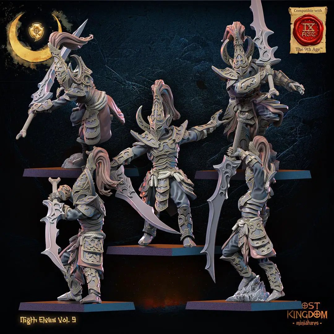 Ten 3D printed Night Elf Warrior Regiment miniatures by Lost Kingdom Miniatures, detailed fantasy elf warriors on display.