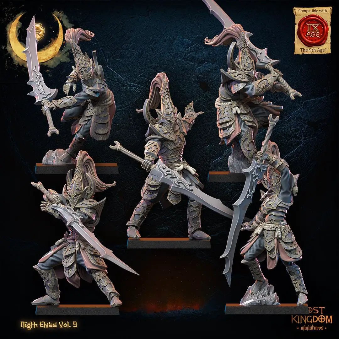 Ten 3D printed Night Elf Warrior Regiment miniatures by Last Hope Miniatures for Lost Kingdom Miniatures, detailed fantasy figures.