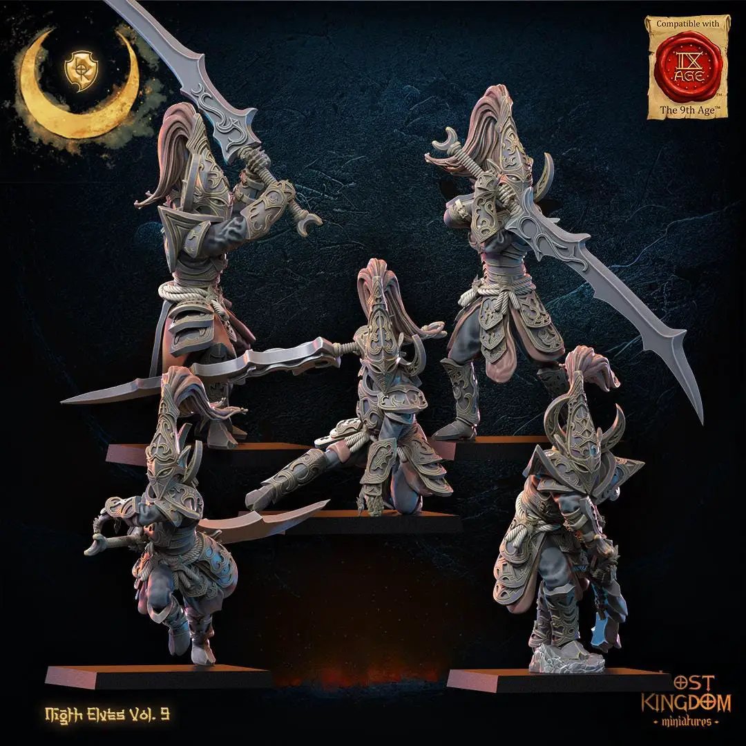 Set of ten 3D printed Night Elf Warrior Regiment miniatures by Last Hope Miniatures for Lost Kingdom Miniatures.