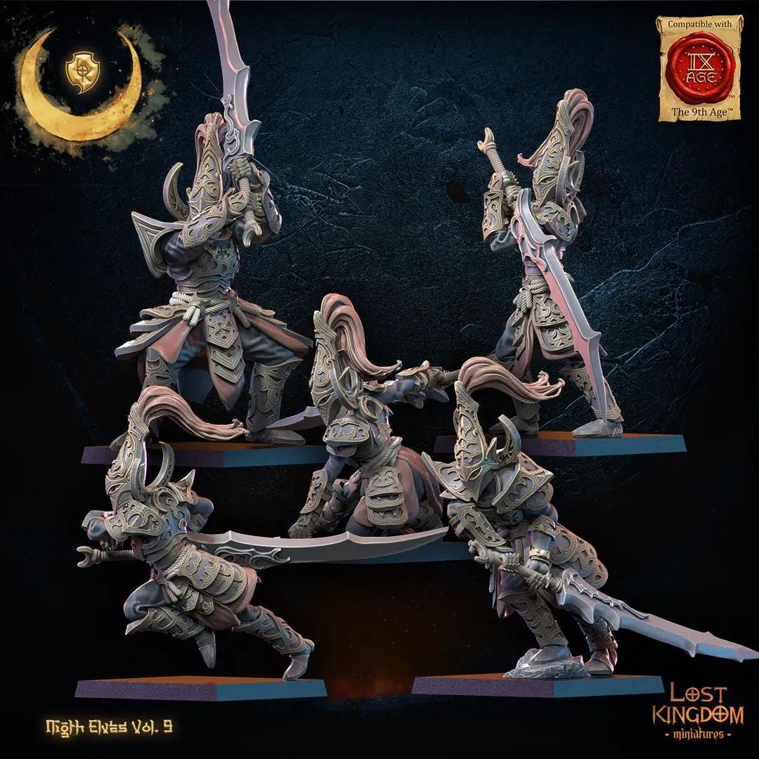 Ten 3D printed Night Elf Warrior Regiment miniatures by Last Hope Miniatures for Lost Kingdom Miniatures, showcasing detailed elf warrior figures.