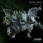 3D printed Throk, Master of the Hunt miniature by Dark Gods Miniatures, displayed on a plain background with detailed armor and weaponry.