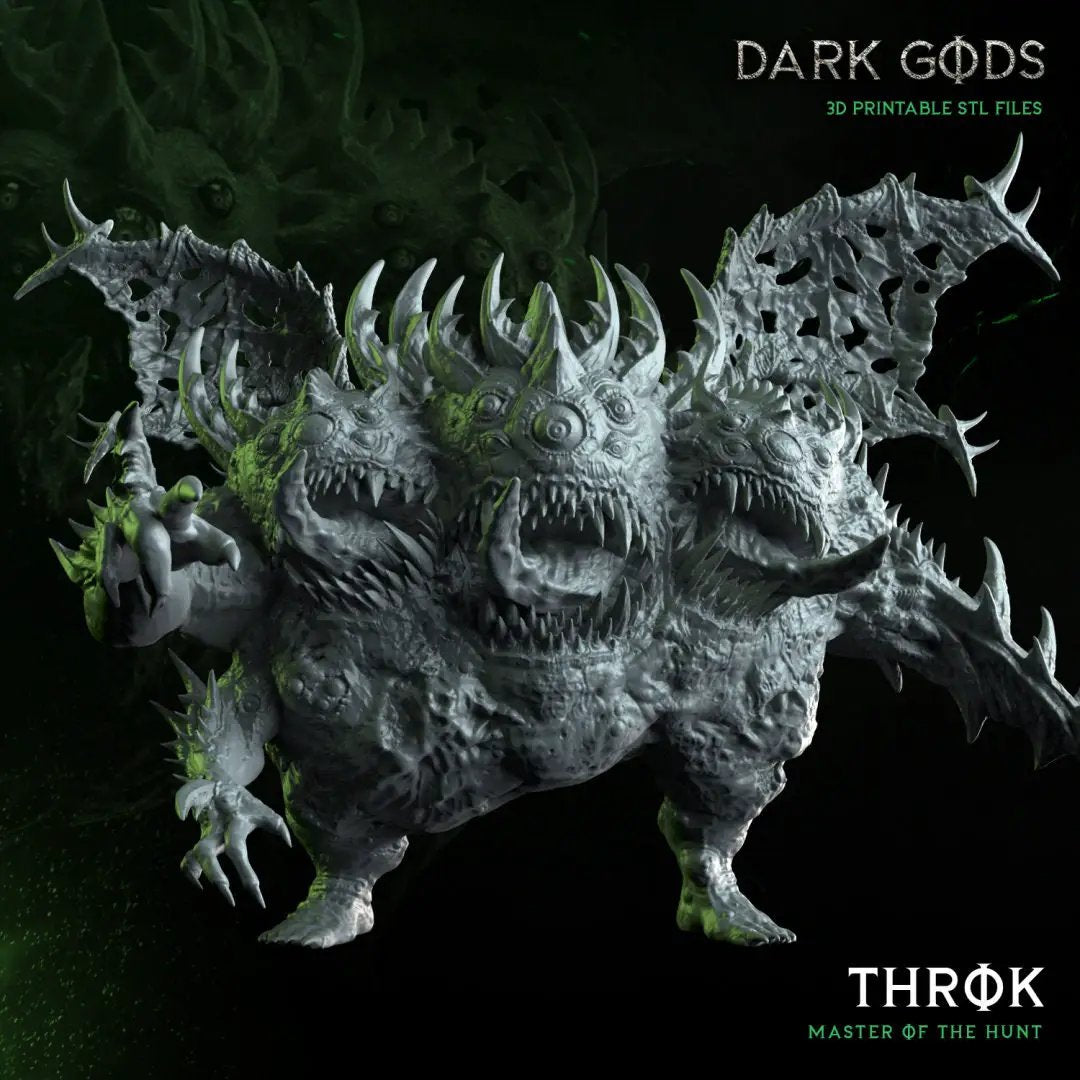 3D printed Throk, Master of the Hunt miniature by Dark Gods Miniatures, displayed on a plain background with detailed armor and weaponry.