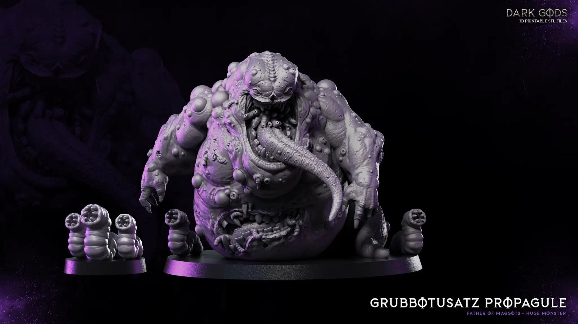3D printed propagule miniature titled Father of Maggots from Dark Gods Miniatures by Last Hope Miniatures, detailed sculpt with textured surface.