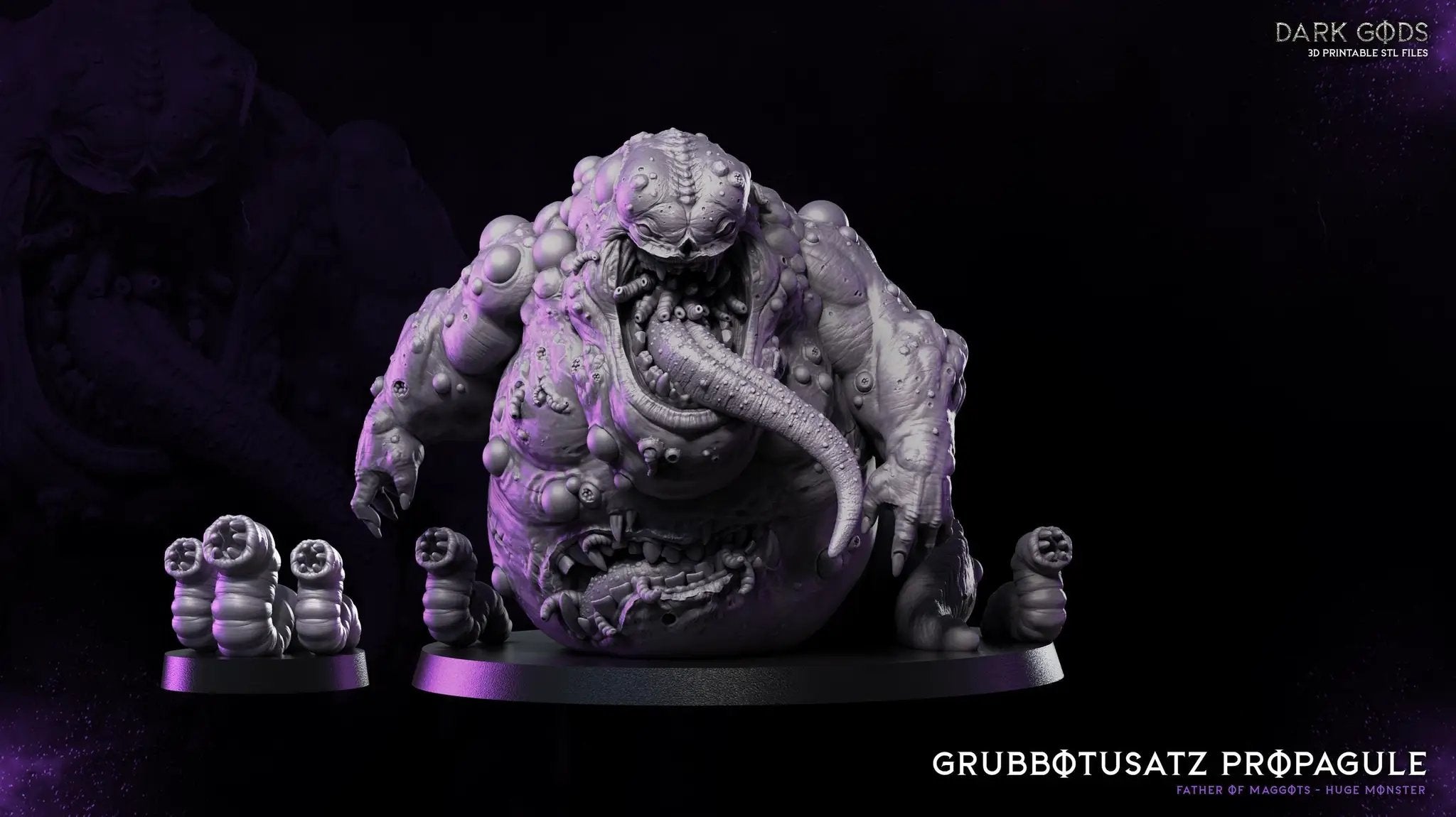 3D printed propagule miniature titled Father of Maggots from Dark Gods Miniatures by Last Hope Miniatures, detailed sculpt with textured surface.