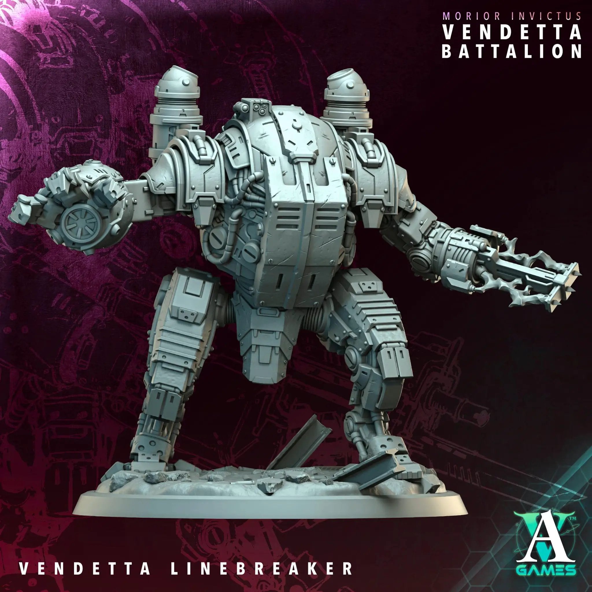 3D printed Vendetta Annihilator and Linebreaker miniatures by Last Hope Miniatures for Archvillain Games, detailed models on a white background.